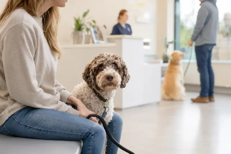 Ein Lagotto Romagnolo sitzt ruhig neben seinem Besitzer im hellen Wartezimmer einer modernen Tierarztpraxis.